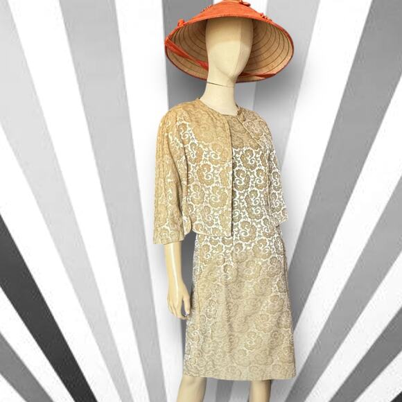 1950s Carol Craig Brocade Cocktail Dress Jacket Set Gold Sheath Formal Vintage - Picture 15 of 16